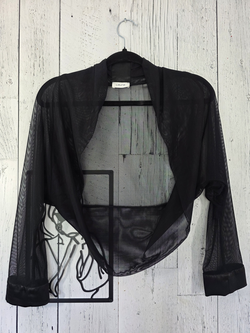 Laura Black Sheer Mesh Bolero Shrug Satin Trim Dressy Evening Size Small